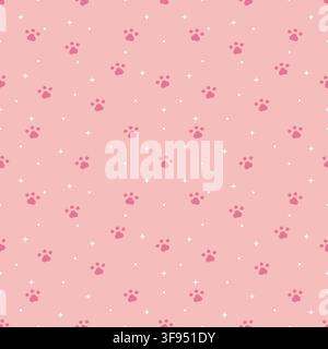 Cute pink seamless pattern featuring adorable dog paw prints, stars and dots on a soft pastel pink background, perfect for pet products, fabric, wallp Stock Vector