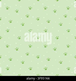 Cute light green seamless pattern featuring adorable dog paw prints, stars and dots on a soft pastel light green background, perfect for pet products, Stock Vector