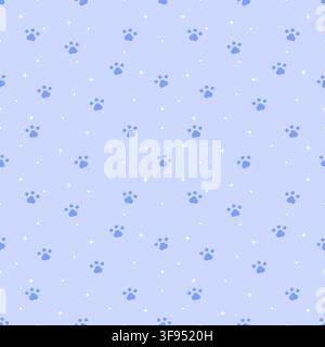 Cute blue seamless pattern featuring adorable dog paw prints, stars and dots on a soft pastel blue background, perfect for pet products, fabric, wallp Stock Vector