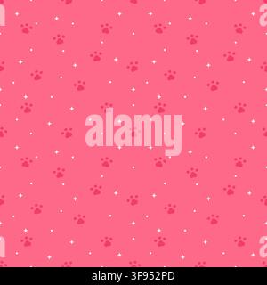 Cute red seamless pattern featuring adorable dog paw prints, stars and dots on a soft pastel red background, perfect for pet products, fabric, wallpap Stock Vector
