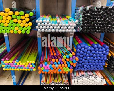Brno, Czech Republic – July 21, 2026: Colorful graphite pencils with erasers displayed on shelves in a stationery shop before the back to school shop Stock Photo
