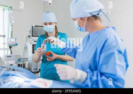 Two female surgeons are working in a hospital operating room. They are focused on an important task related to the operation. Stock Photo