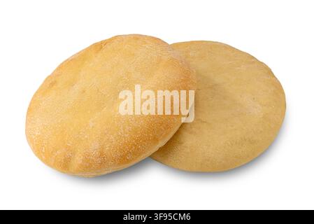 Two traditional round Arabic pita flatbreads stacked together, isolated on a clean white background. Perfect for Middle Eastern cuisine, baking, and h Stock Photo