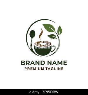 Modern Coffee Cup Latte Art Logo Template With Green Leaves Stock Vector