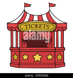 Circus ticket booth isolated vector illustration with red and white striped canopy and golden stars Stock Vector