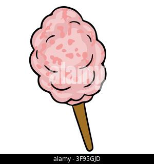 Pink cotton candy vector illustration, isolated fluffy circus fairground treat on a stick Stock Vector