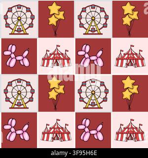 Seamless vector pattern with cute circus elements including ferris wheel, big top tent, balloon dog and star balloons Stock Vector