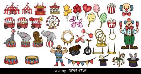 Circus vector set with cute carnival animals, clown, tent, and amusement park elements Stock Vector