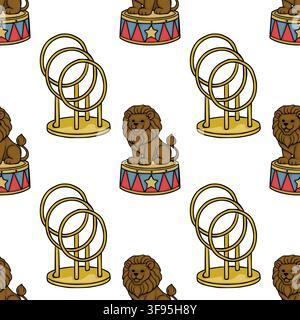 Seamless vector pattern with cute circus lions on pedestals and golden jumping hoops Stock Vector