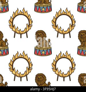 Circus seamless pattern vector with cartoon lions on pedestals and flaming hoops Stock Vector