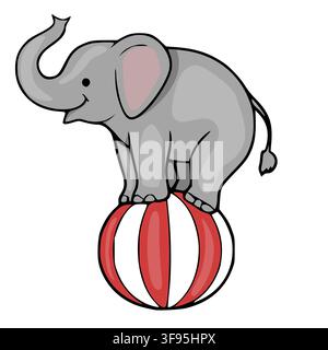 Cute cartoon elephant balancing on a striped circus ball vector illustration Stock Vector