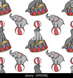Seamless circus vector pattern with cute cartoon elephant and seal performing on balls Stock Vector