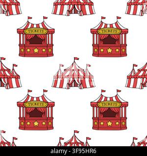 Seamless pattern with red and white circus tents and ticket booths, vector illustration Stock Vector