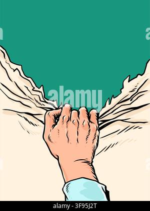 A human hand opens up empty space. Reveals secrets. Business attracts clients. Comic cartoon pop art retro vector illustration hand drawing Stock Vector