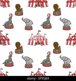 Seamless vector pattern with cute circus animals, tents, and performing seals on white background Stock Vector