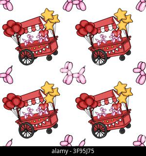 Seamless vector pattern with circus balloon carts and pink balloon animals Stock Vector