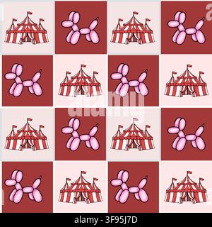 Seamless vector pattern with circus tents and pink balloon dogs on a checkered background Stock Vector