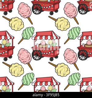 Seamless vector pattern with circus cotton candy carts and sweet fluffy treats Stock Vector