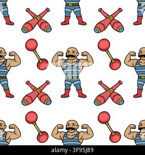 Seamless pattern with vintage circus strongman and juggling clubs vector illustration Stock Vector