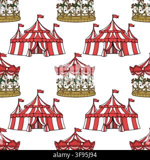 Seamless vector pattern with carnival circus tents and vintage carousel horses in red and white stripes Stock Vector
