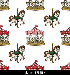 Seamless vector pattern with carnival carousel horses and vintage amusement park merry-go-round rides Stock Vector