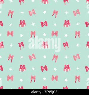 Seamless festive pattern with hand drawn pink ribbons, bows, and gift boxes scattered with stars on a textured mint green background Stock Vector