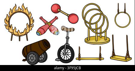Circus equipment vector set featuring a burning hoop, juggling clubs, unicycle, cannon, and trapeze bars Stock Vector