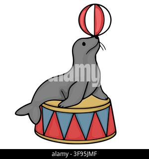 Cute circus seal balancing a red and white ball on its nose, vector illustration Stock Vector