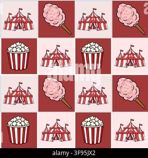 Seamless vector pattern with circus tents, cotton candy and popcorn buckets on a checkered background Stock Vector