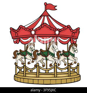 Colorful carousel vector illustration with vintage horses and red canopy Stock Vector