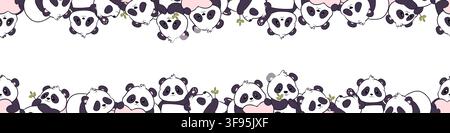 Vector seamless border featuring cute pandas Stock Vector
