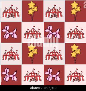 Circus seamless pattern vector with striped tents, balloon dog animals and yellow star balloons on a checkered background Stock Vector