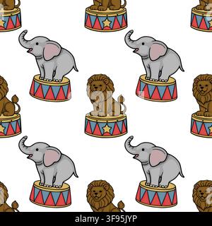 Seamless vector pattern with cute circus elephant and lion characters on pedestals Stock Vector