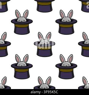Seamless vector pattern featuring cute cartoon rabbit inside a magician top hat Stock Vector