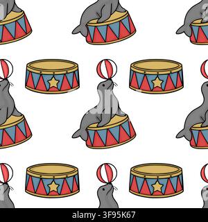 Seamless vector pattern with cute circus seals balancing striped balls on podiums Stock Vector