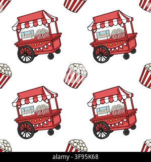 Seamless vector pattern featuring vintage circus popcorn carts and striped snack buckets for carnival themes Stock Vector