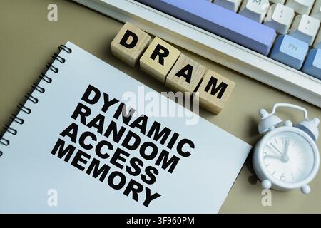 Concept of DRAM - Dynamic Random Access Memory on book isolated on Wooden Table. Stock Photo
