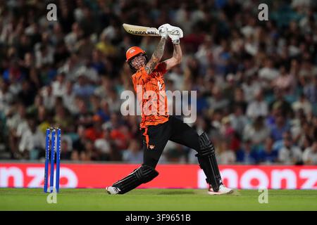 Sunrisers Leeds' Brydon Carse batting during The Hundred Men's Eliminator match at the Kia Oval, London. Picture date: Friday August 14, 2026. Stock Photo