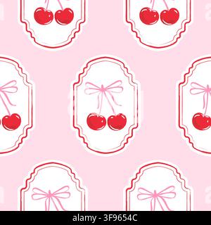 Vector pink seamless pattern with watercolor cherry and ribbon bows. Hand drawn red cherries berries on stickers. Label package background. Stock Vector