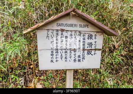 A sign marks Sarusuberi-zaka (Գ����, "Monkey Slip Slope") on the old T��kaid�� trail near Hakone, Kanagawa Prefecture, Japan. According to the chronicle Shinpen Sagami no Kuni Fudoki K�� quoted on the sign, the descent was so treacherous that even monkeys could not climb it with ease �C hence the name. Stock Photo