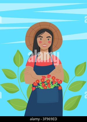 A female farmer holding flowers in her apron an eco-gardening and farming concept, an illustration themed around plant care and ecological gardening Stock Vector