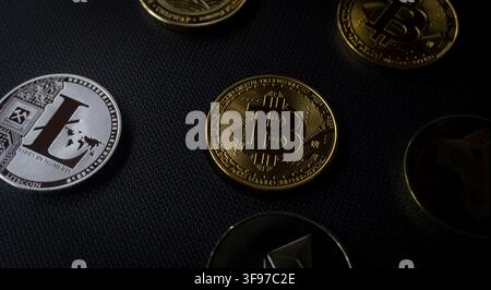 Assorted Cryptocurrency Coins On Dark Background Close Up Stock Photo
