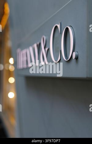 A close-up shot of the sleek, minimalist signage for 'Henry & Co.', mounted on a dark gray wall with softly blurred warm lights in the background. Stock Photo