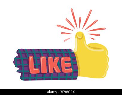Like button vector sticker in retro style. Doodle yellow hand Y2K icon with up finger. Social media design and communication symbol. Cartoon arm graphic for positive web emoji and concept business. Stock Vector