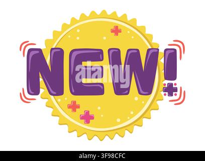 New vector sticker on yellow circle stamp in retro style. Hand drawn Y2K icon with purple sign and doodle plus. Promotion design and marketing template. Cartoon button for internet and business tag. Stock Vector