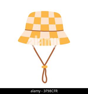 Yellow and cream checkered plaid bucket hat with adjustable strap vector illustration. Summer sun hat isolated on white background Stock Vector