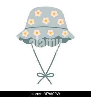Light blue grey bucket hat with white daisy flowers and tie strap vector illustration. Summer sun hat isolated on white background Stock Vector