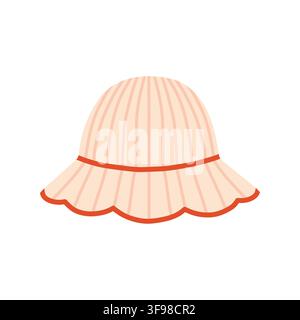 Soft pink pleated panama sun hat with red trim vector illustration. Summer beach floppy hat isolated on white background Stock Vector