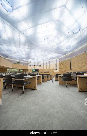 Modern meeting room with wooden details and large ceiling lights, Parliament of Baden-Wuerttemberg, Stuttgart, Germany Stock Photo