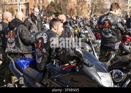Bikers wearing leather jackets with Night Riders Bulgaria emblem at the annual motorcycle bike fest gathering and parade for enthusiasts bikers in Sof Stock Photo